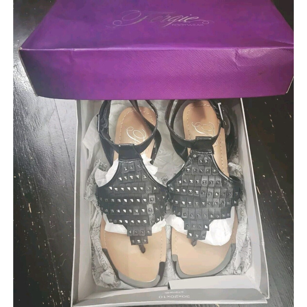 Unique Fergie Embellished Balance Wedge Sandals Black Leather Studded Size 7.5